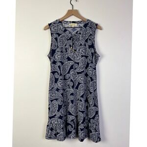 Michael Kors Boho Paisley Dress Blue‎ Sleeveless Tie Neck Gold Casual Summer XL